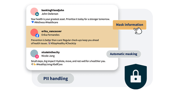 Social media posts about health and wellness tips displayed in a mobile interface with white cards and blue security icon